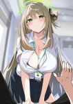  1girl absurdres black_skirt blue_archive blush breasts cleavage collared_shirt commentary_request green_eyes green_halo halo highres id_card large_breasts light_brown_hair long_hair mizumok1 nonomi_(blue_archive) open_mouth pleated_skirt shirt short_sleeves skirt smile solo_focus white_shirt 