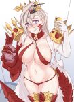  1girl asymmetrical_gloves bikini blush breasts cellphone cosplay crown elbow_gloves fate/grand_order fate_(series) gloves grey_hair hair_ornament hairpin huyan_zhuo_(fate) large_breasts long_hair navel nero_claudius_(fate) nick_(pix425) phone purple_eyes queen_draco_(fate) queen_draco_(fate)_(cosplay) red_bikini smartphone swimsuit tail v 