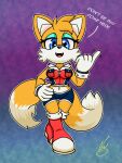  2021 3:4 anthro barely_sly blue_eyes boots breasts canid canine clothing crossgender dialogue dipstick_tail english_text eyeshadow female footwear fox fur gloves handwear hi_res looking_at_viewer makeup mammal markings miles_prower mtf_crossgender open_mouth sega signature simple_background solo sonic_the_hedgehog_(series) tail tail_markings text white_body white_fur yellow_body yellow_fur 