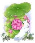  :o aimi_(aimia492) artist_name blue_background blush border commentary_request fish_mint_(plant) flower full_body green_eyes holding holding_leaf leaf leaf_umbrella no_humans open_mouth outside_border pink_flower plant pokemon pokemon_(creature) rain shaymin shaymin_(land) simple_background solo twitter_username water water_drop white_border white_flower 