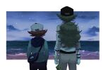  2boys absurdres bag bangle black_headwear black_pants blue_bag border bracelet cloud commentary_request from_behind green_hair hat highres hilbert_(pokemon) hood hood_down hooded_jacket jacket jewelry long_hair male_focus multiple_boys n_(pokemon) night outdoors pants pokemon pokemon_(game) pokemon_bw ponytail shirt shore shoulder_bag sky tarai_(yamadarairai) undershirt white_border wristband 