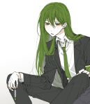  1boy collared_shirt commentary fondant green_hair green_necktie grey_jacket grey_pants holding holding_syringe jacket lobotomy_corporation long_hair long_sleeves male_focus necktie netzach_(project_moon) open_clothes open_jacket open_mouth pale_skin pants project_moon shirt simple_background sitting solo syringe white_background white_shirt yellow_eyes 