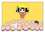  1boy 1girl arm_up ascot backpack bag black_eyes black_hair blush_stickers border buta_thunder_(vocaloid) buzz_cut cameo commentary_request conductor crayon_shin-chan crossover crowd cs_voca dot_mouth dress facing_another facing_away hair_bobbles hair_ornament hand_up hat holding holding_instrument holding_recorder instrument kaai_yuki looking_at_animal low_twintails newspaper nohara_shinnosuke odd_one_out outside_border pinafore_dress pleated_dress puffy_short_sleeves puffy_sleeves red_ascot red_dress school_hat shirt short_hair short_sleeves short_twintails shoulder_strap simple_background sleeveless sleeveless_dress standing twintails v-shaped_eyebrows very_short_hair vocaloid white_border white_shirt yellow_background 