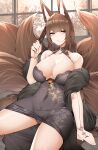  1girl absurdres amagi_(azur_lane) animal_ear_fluff animal_ears arm_support azur_lane black_dress black_panties breasts brown_eyes brown_hair cleavage closed_mouth collarbone dress fox_ears fox_girl fox_tail hand_fan highres holding holding_fan indoors jewelry large_breasts long_hair looking_to_the_side panties paper_fan ring samip sidelocks sitting solo tail thighs underwear window 