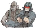  2boys armored_core armored_core_6 bald beard crossed_arms facial_hair g1_michigan g2_nile helmet kankan33333 male_focus multiple_boys oekaki scar smile teeth upper_body white_background white_hair 