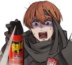  1boy black_gloves black_headband bug_spray fire_emblem fire_emblem_awakening gaius_(fire_emblem) gloves hair_between_eyes headband highres maid_headdress male_focus merylemons open_mouth orange_hair scared solo sweat teeth upper_body white_background 