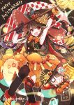  1girl armpits belt black_gloves family_crest fate/grand_order fate_(series) fingerless_gloves gloves halloween halloween_costume happy_halloween hi_(wshw5728) highres holding holding_staff long_hair mini_nobu_(fate) neck_ribbon oda_nobukatsu_(fate) oda_nobunaga_(fate) oda_uri open_mouth orange_ribbon orange_skirt pumpkin_hat_ornament red_eyes ribbon sidelocks skirt smile sparkle staff thighhighs twitter_username very_long_hair 