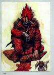  absurdres black_undershirt dorohedoro en_(dorohedoro) evil_eyes fur-trimmed_jacket fur_trim glaring highres jacket jewelry kikurage_(dorohedoro) mask mouth_mask mushroom non-web_source pants q._hayashida red_footwear red_hair red_jacket red_pants ring sitting spiked_hair 