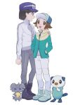  2boys :d alternate_costume boots brown_eyes brown_hair calem_(pokemon) commentary espurr green_footwear green_jacket hand_on_another&#039;s_shoulder hands_in_pockets hat highres hilbert_(pokemon) jacket looking_up male_focus multiple_boys open_mouth oshawott pants pokemon pokemon_(creature) pokemon_(game) pokemon_masters_ex sana_(37pisana) short_hair smile standing turtleneck turtleneck_jacket white_background white_pants zipper_pull_tab 