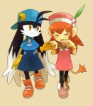  1boy blue_headwear blue_pants blue_skirt brown_hair closed_eyes crying dress furry furry_female furry_male gloves holding_hands kanade kaze_no_klonoa klonoa lolo_(klonoa) looking_at_another pac-man pants pink_dress pink_footwear pink_headwear red_footwear simple_background skirt yellow_eyes yellow_gloves 