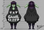  breasts clothed clothing eyewear female glasses goblin goth hair hi_res hoodie humanoid legwear long_hair mauschen mctiddies purple_hair reference_image short_stack solo teeth_showing thigh_highs topwear yellow_eyes 