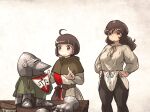  2girls ahoge ahoge_page_(ironlily) armor bassinet belt brown_hair gambeson gauntlets gloves greaves hands_on_own_hips helmet highres ironlily lady_lucerne_(ironlily) long_hair medieval multiple_girls ordo_mediare_sisters_(ironlily) shaded_face standing 