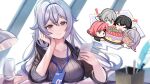  2boys 3girls absurdres adam_(honkai_impact) birthday birthday_cake black_hair black_jacket breast_rest breasts breasts_on_table bronya_zaychik bronya_zaychik_(silverwing:_n-ex) cake carole_peppers chibi closed_eyes closed_mouth cup dark_skin english_text food grey_eyes grey_hair happy_birthday highres holding honkai_(series) honkai_impact_3rd id_card indoors jacket lanyard large_breasts long_hair lyle_collodi_(honkai_impact) multiple_boys multiple_girls official_alternate_costume open_mouth pen phone red_hair shirt short_hair sibyl smile sweater timido_cute yellow_eyes 