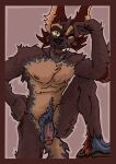  absurd_res anthro arm_spikes balls body_hair briznaburr chest_tuft claws dacred_excalgier elbow_spikes flaccid fur genitals half-erect hand_on_head hand_on_hip happy_trail hi_res hybrid male maroon_fur nipples one_eye_closed penis pinup pose pubes raised_leg solo spikes spikes_(anatomy) spots spotted_body spotted_fur tail tan_body tan_fur teeth toe_claws tuft wink yellow_eyes 