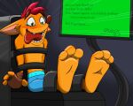  activision anthro arms_tied bandicoot blue_bottomwear blue_clothing blue_pants blush bodily_fluids bottomwear bound brown_eyebrows brown_nose brush chair chaos99 clothing crash_bandicoot crash_bandicoot_(series) crying_laughing english_text eyebrows feet fingerless_gloves foot_fetish foot_focus fur furniture glistening glistening_body glistening_feet gloves green_eyes hair handwear laugh legs_tied male mammal marsupial monitor on_chair orange_body orange_fur pants pink_inner_ear red_hair red_tongue screen signature sitting sitting_on_chair solo tears tears_of_pleasure teeth text tickle_fetish tickle_torture tickling tickling_feet tongue tongue_out 