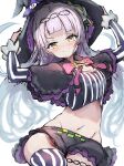  1girl absurdres breasts capelet cleavage cropped_shirt grey_hair hair_bun hair_ornament hat head_chain highres hololive long_hair looking_at_viewer murasaki_shion murasaki_shion_(1st_costume) purple_capelet purple_headwear purple_skirt purple_thighhighs shirt short_eyebrows single_hair_bun skirt small_breasts smile solo star_(symbol) star_hair_ornament striped striped_shirt striped_thighhighs tazrn1 thigh_strap thighhighs vertical-striped_shirt vertical-striped_thighhighs vertical_stripes virtual_youtuber witch_hat yellow_eyes 