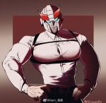  1boy bara bursting_pectorals character_request chest_belt cowboy_shot glowing glowing_eyes hands_on_own_hips highres humanization large_pectorals leimengrem looking_at_viewer male_focus muscular muscular_male pectorals solo transformers underbust 