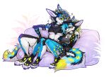  absurd_res anthro blue_eyes canid canine claws clothed clothing duo eyes_closed f-r95 female fluffy fluffy_tail fur green_eyes heterochromia hi_res male mammal multicolored_body multicolored_fur simple_background tail toe_claws 