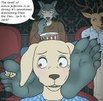  anthro beastars between_toes bird_dog blush canid canine canis deer domestic_dog duo embarrassed feet flustered food foot_fetish foot_focus foot_on_face grang34 hi_res humiliation hunting_dog jack_(beastars) labrador legoshi_(beastars) louis_(beastars) male male/male mammal movie_theater paws popcorn public public_humiliation retriever taunting teasing theater toes wolf 