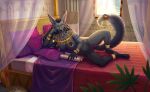  anthro anubian_jackal bed bedroom black_body bracelet canid canine canis canopy_bed detailed_background ear_piercing egyptian eyeshadow female furniture gold_(metal) harmaagriffin hi_res inviting jackal jewelry lounging lying makeup mammal necklace nipple_piercing nipples on_side piercing solo spread_legs spreading sunny 