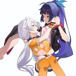  2girls absurdres ahoge black_jacket blue_eyes bracelet closed_mouth earrings hetare_mizu high_ponytail highres holding holding_hands holding_phone honkai_(series) honkai_impact_3rd jacket jewelry kiana_kaslana long_hair looking_at_another multiple_girls orange_shirt orange_thighhighs phone purple_eyes purple_hair raiden_mei shirt simple_background smile thighhighs twintails white_background white_hair white_shirt yuri 