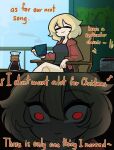 angry audible_music black_background blonde_hair centurii-chan_(artist) chair christmas coffee cup happy highres holding holding_cup lyrics meme on_chair original radio red_eyes sound steam 