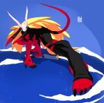  2022 4_toes absurd_res action_pose all_fours anthro blonde_hair blue_background claws feet female freebird11 hair hi_res looking_at_viewer pose red_body simple_background solo species_request tail toes 