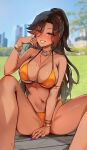  1girl alma_(foxyreine) bikini blush bracelet breasts brown_hair dark-skinned_female dark_skin foxyreine highres jewelry large_breasts long_hair looking_at_viewer nail_polish navel necklace original outdoors sitting smile solo swimsuit thick_thighs thighs 