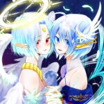  2girls angel_wings bare_shoulders blue_eyes blue_hair breasts cleavage closed_mouth crescent crescent_hair_ornament facial_mark feathered_wings filia_(star_ocean) forehead_jewel forehead_mark hair_ornament halo highres looking_at_viewer multiple_girls open_mouth pointy_ears ponyo_soa red_eyes rena_lanford short_hair smile star_(sky) star_ocean star_ocean_anamnesis star_ocean_the_second_story wings 