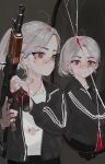  2girls absurdres aks-74u assault_rifle bandage_on_finger bandage_on_neck bandages bandaid bandaid_on_face bandaid_on_nose black_track_suit blood gun highres kalashnikov_rifle multiple_girls original polilla rifle scratches trigger_discipline weapon white_hair 