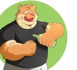  2023 absurd_res anthro band-aid bandage beverage bottomwear clothing felid hi_res kemono male mammal overweight overweight_male pantherine pants pink_nose shirt simple_background solo tiger topwear wnsgh2466 