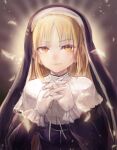  1girl black_background blonde_hair capelet closed_mouth eyelashes falling_feathers gloves habit highres long_hair long_sleeves nijisanji nun orange_eyes own_hands_clasped own_hands_together sister_cleaire solo tomoichi upper_body virtual_youtuber white_capelet white_gloves 