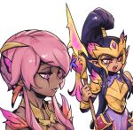  2girls armor bare_shoulders breasts cleavage dark-skinned_female dark_skin faerie_queen_karma fairy_court_kalista hair_ornament holding holding_polearm holding_weapon kalista karma_(league_of_legends) league_of_legends long_hair medium_breasts multiple_girls orange_eyes phantom_ix_row pink_eyes pink_hair polearm ponytail shoulder_plates simple_background teeth upper_body upper_teeth_only weapon white_background 