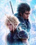 2boys absurdres antenna_hair armor black_hair blonde_hair blue_eyes buster_sword closed_mouth cloud_strife commentary earrings english_commentary final_fantasy final_fantasy_vii final_fantasy_vii_remake glint hair_pulled_back highres jewelry light_particles male_focus multiple_boys realistic ribbed_sweater short_hair shoulder_armor signature single_bare_shoulder single_earring sleeveless sleeveless_turtleneck spiked_hair stud_earrings suspenders sweater sword sword_on_back turtleneck turtleneck_sweater tylor_hepner upper_body weapon weapon_on_back zack_fair 