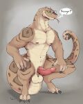  anthro balls claws crouching dialogue erection forked_tongue front_view genitals green_eyes hi_res kopyorh looking_at_viewer male nude penis pupils reptile scales scalie slit_pupils snake solo speech_bubble tan_body tan_scales toe_claws tongue tongue_out 
