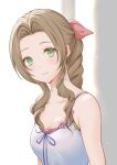  1girl aerith_gainsborough bare_shoulders braid braided_ponytail brown_hair closed_mouth collarbone commentary crisis_core_final_fantasy_vii dress final_fantasy final_fantasy_vii green_eyes hair_ribbon highres light_blush long_hair looking_at_viewer nalu parted_bangs pink_ribbon ribbon sidelocks sleeveless sleeveless_dress smile solo spaghetti_strap symbol-only_commentary twitter_username upper_body watermark 