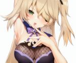  1girl bare_shoulders blonde_hair blush bow bowtie breasts collar eyepatch fischl_(genshin_impact) genshin_impact green_eyes hair_over_one_eye hair_ribbon highres large_breasts leotard long_hair looking_at_viewer mikhdrag open_mouth purple_bow purple_bowtie ribbon simple_background single_thighhigh thighhighs two_side_up 