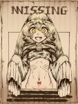  1girl :d aygoftenover cross fang greyscale groin happy highres kfufu_(shy) long_hair long_sleeves looking_at_viewer missing_poster monochrome navel open_mouth shy_(series) skinny sleeves_past_fingers sleeves_past_wrists smile solo spot_color 