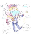  &gt;_&lt; 1boy 1girl amitie_(puyopuyo) angel_wings aoey blonde_hair blue_eyes blue_hair blush bug butterfly carrying closed_eyes flying heterochromia puyopuyo red_headwear short_hair sig_(puyopuyo) wings 