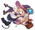  1girl bandaid bandaid_on_knee bandaid_on_leg black_cat blonde_hair breasts brown_footwear cat closed_mouth dress full_body gloves hair_between_eyes hairband hat holding holding_staff holding_weapon little_witch_nobeta long_hair nobeta official_art purple_thighhighs red_eyes scepter shoes simple_background small_breasts staff straight_hair thighhighs transparent_background weapon witch witch_hat zettai_ryouiki 