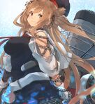  1girl asymmetrical_clothes black_ribbon black_serafuku black_skirt brown_eyes chain gloves hair_flaps hair_ribbon heterochromia highres kantai_collection light_brown_hair long_hair machinery murasame_(kancolle) murasame_kai_ni_(kancolle) neck_ribbon pleated_skirt red_eyes red_ribbon ribbon school_uniform serafuku skirt smokestack solo sunday_aki twintails two_side_up white_gloves 