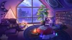 book book_stack bookshelf candle chair commission crescent dog fire highres indie_virtual_youtuber indoors mario_(series) murmoruno no_humans plant pokemon pokemon_(creature) potted_plant rug scenery shelf sylveon virtual_youtuber window yoshi 