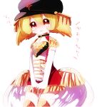  black_headwear blonde_hair crying crying_with_eyes_open elbow_gloves epaulettes feathered_wings flat_chest gloves hair_between_eyes hair_wings hat low_wings mahou_shoujo_ikusei_keikaku no_nose open_mouth postarie red_eyes red_shorts shirt shorts simple_background sketch sleeveless sleeveless_shirt tears translation_request usagi_nui white_background white_gloves white_shirt white_wings wings 