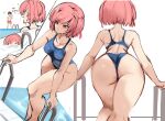  1boy 1girl ass blue_one-piece_swimsuit breasts climbing_ladder competition_swimsuit covered_navel doki_doki_literature_club english_text from_behind from_below hair_ribbon highres huge_ass large_breasts natsuki_(doki_doki_literature_club) one-piece_swimsuit open_mouth pink_eyes pink_hair pool rakeemspoon ribbon short_hair swimsuit two_side_up wet wide_hips 