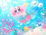  :d blue_eyes blush commentary_request copy_ability coral fins fish fish_tail highres holding kirby kirby_(series) light_rays no_humans open_mouth rock sand sea_anemone seafloor seaweed smile squid squishy_(kirby) star_(symbol) starfish stern_(stern_dream) sunlight swimming tail underwater 