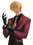  1boy beard black_gloves black_shirt blonde_hair blue_eyes cigarette clenched_teeth cloudy20210211 facial_hair formal gloves hair_between_eyes hair_over_one_eye highres jacket looking_ahead male_focus mustache necktie one_piece red_jacket red_suit sanji_(one_piece) shirt simple_background solo suit teeth upper_body white_background white_necktie 