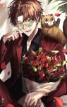  1boy absurdres akira_(a_ki_ra_8_9) animal_on_head bespectacled black_shirt bouquet brown_hair buttoned_cuffs buttons character_name collared_jacket commentary_request curtained_hair dated earrings english_commentary feet_out_of_frame flower glasses glint gold_earrings gold_necklace gold_ring gradient-tinted_eyewear green-tinted_eyewear green_eyes happy_birthday highres holding holding_bouquet jacket jewelry lapels leaf long_hair looking_at_object looking_up lower_teeth_only male_focus mixed-language_commentary necklace notched_lapels on_head open_collar open_mouth pants reaching red_flower red_jacket red_pants red_rose ring rose round_eyewear shirt short_hair signature sitting solo star_(symbol) star_earrings suit_jacket tanuki teeth tinted_eyewear twitter_username urashimasakatasen uratanuki utaite very_long_hair yamadanuki yellow-framed_eyewear 