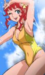  1girl absurdres arm_up blue_eyes breasts cloud cloudy_sky collarbone flower hair_flower hair_ornament highres kanzaki_megu looking_at_viewer majokko_megu-chan masaaki_endo one-piece_swimsuit one_eye_closed open_mouth red_hair sky smile solo standing swimsuit teeth upper_teeth_only water_drop yellow_one-piece_swimsuit 
