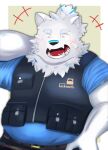  anthro bandage bandage_on_face belly blush canid canine canis clothing domestic_dog fur hi_res kt0414143919 lifewonders live_a_hero locksmith male mammal nordic_sled_dog overweight samoyed shirt solo spitz t-shirt topwear vest white_body white_fur yohack 