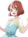  1girl :d brown_eyes commentary_request dress eyelashes hair_ornament hairclip hanadera_nodoka happy healin&#039;_good_precure looking_at_viewer open_mouth precure red_hair short_hair simple_background smile solo standing uraki white_background 